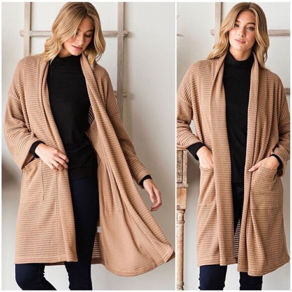 CY Fashion Tan Waffle Knit Long Open Cardigan Size Large-NWT - Picture 10 of 10